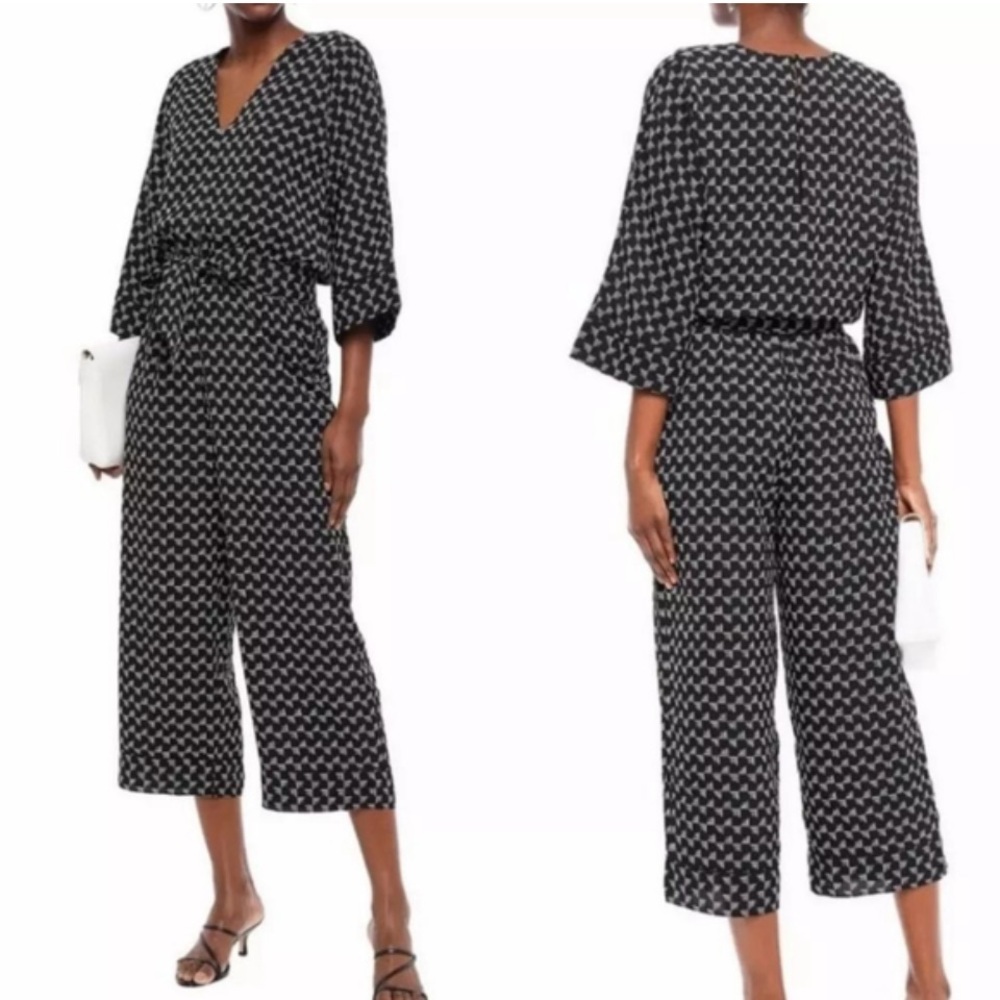 JOIE BURGESS BELL SLEEVE JUMPSUIT IN CAVIAR geometric print